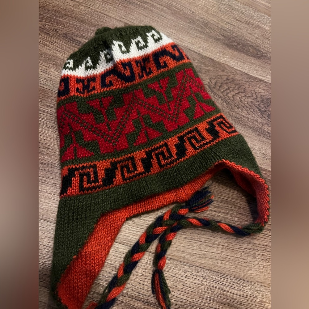 Reversible Southwestern Peruvian Alpaca Wool Knit Pom Earflap Winter Beanie-OS
